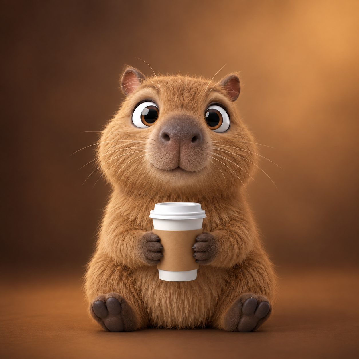 A Capi segurando seu café com as duas patinhas.