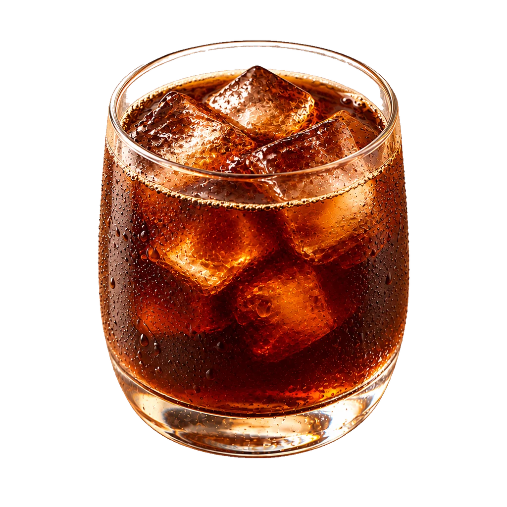 Copo de cold brew com gelo e gotas de condensação.