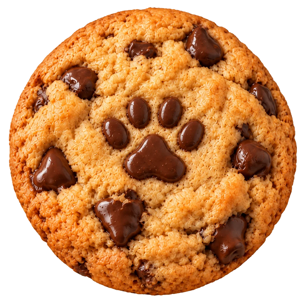 Cookie dourado com gotas de chocolate e uma patinha de chocolate no centro.