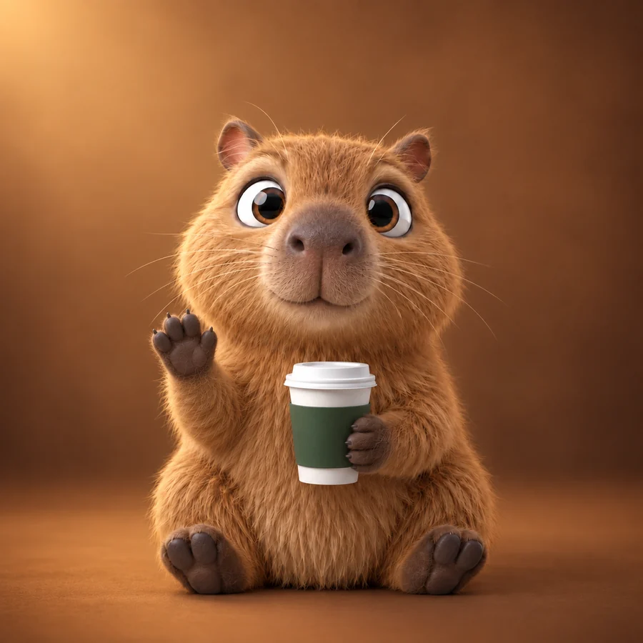 Capi segura seu café e levanta uma patinha num aceno carinhoso.